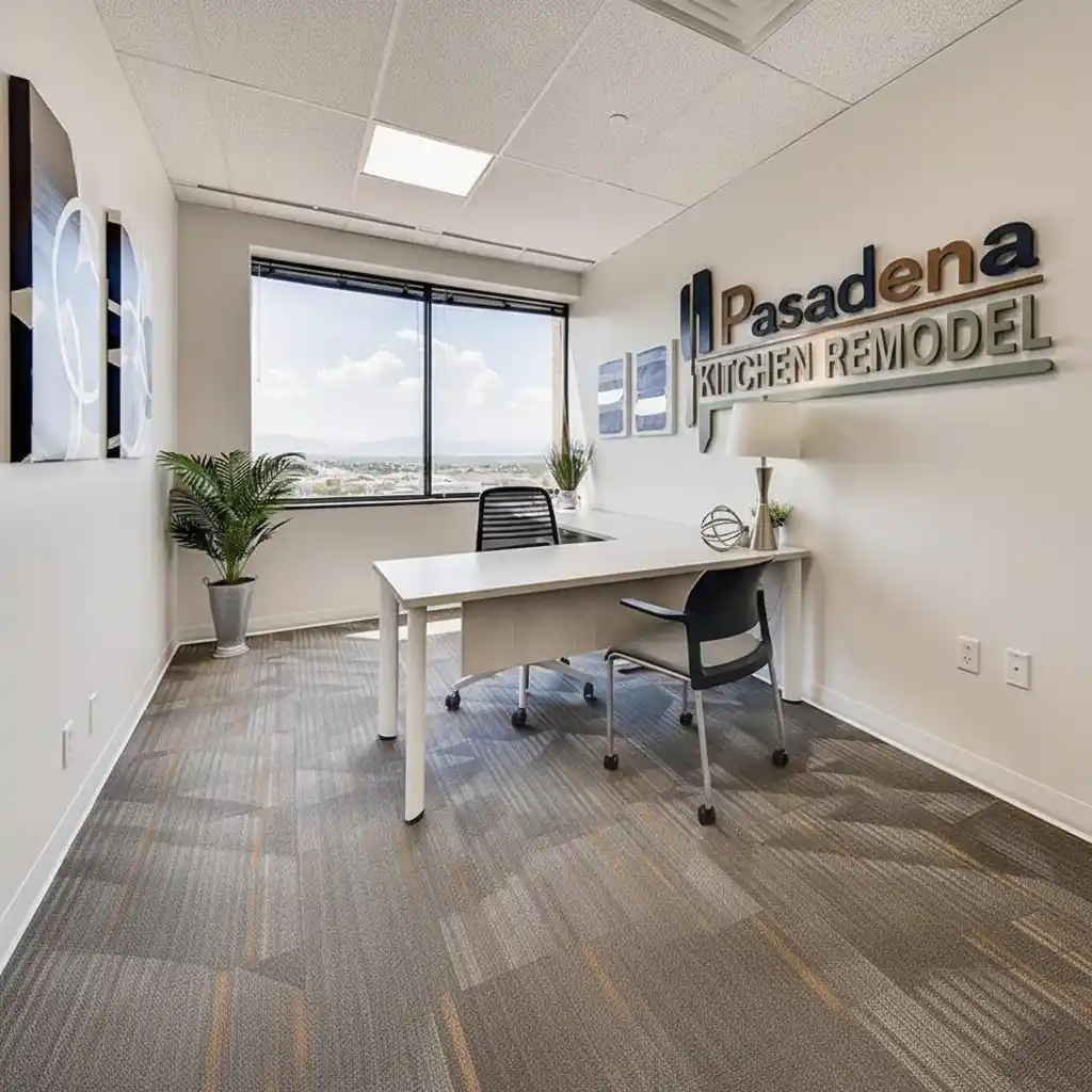 Pasadena Kitchen Remodel office interior with company logo on wall